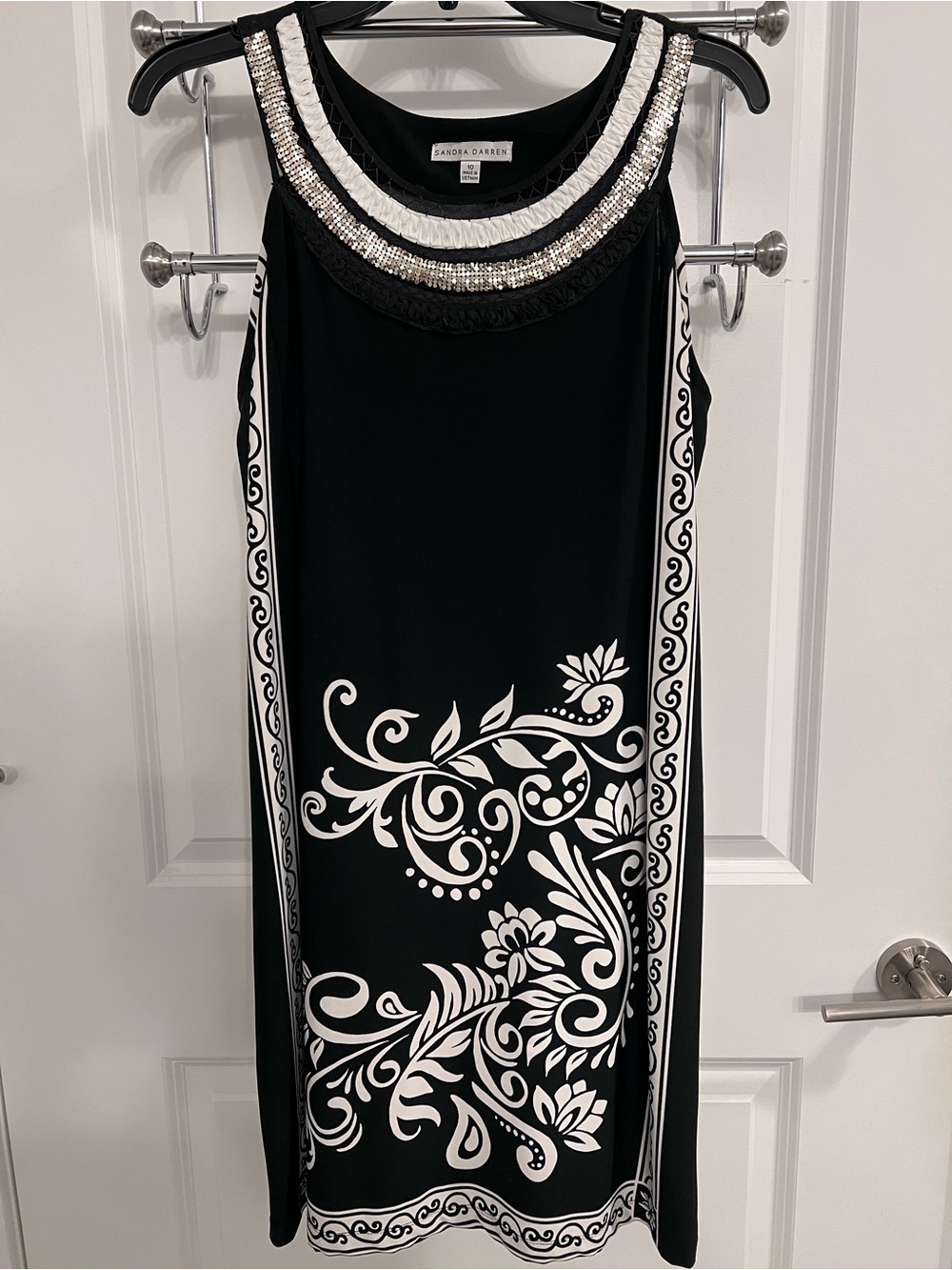 Sandra Darren Black Dress with White Scroll Print and Beaded Neckline - Size 10